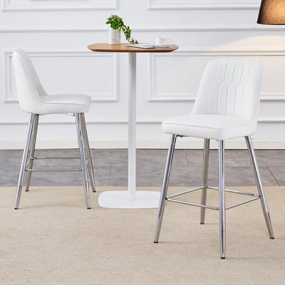 Wishdor Set Van 2 Barkrukken - Ergonomische Rugleuning En Voetensteun - Modern Ontwerp - Voor Thuisbar Of Keukeneiland - Metaal En Kunstleer - Wit En Zilverkleurig - Hoogte 100 Cm - Belastbaar Tot 120 Kg