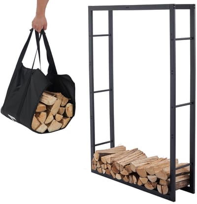 Lendo Online brandhoutrek 100x25x148cm + draagtas - Binnen en buiten - haardhout opslag – haardhoutrek – houtopslag zwart metaal