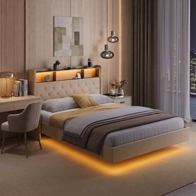 Bealife AF19 Bedframe - 140×200 cm – Gestoffeerd Tweepersoonsbed met LED-verlichting, stopcontacten, USB & Type-C Poorten en Opbergruimte – Zwevend design – Hoofdbord en lattenbodem – Beige