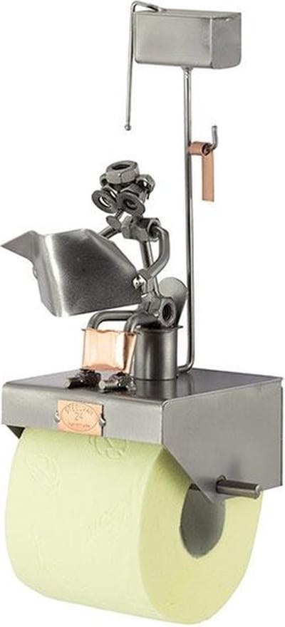 sculptuur man met krant toiletrol houder beroepen beeldje - metaal 27x14x11 relatiegeschenken