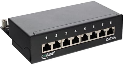 Premium CAT6a Gigabit DIN Rail Patch Panel 1U met 8 poorten - afgeschermd / zwart