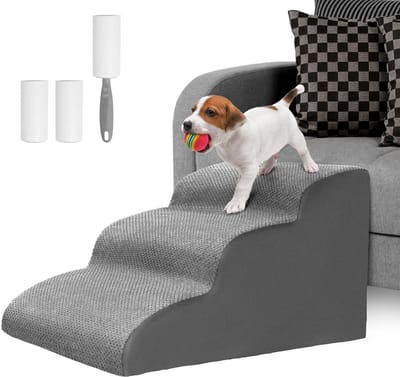 Hondentrap - Hondentrapje voor kleine honden - 3 treden - huisdiertrap - kattentrap - hondenhelling - spons - bank bed hondentrappen - afneembare overtrek - wasbare huisdierladder - pluisrol - grijs