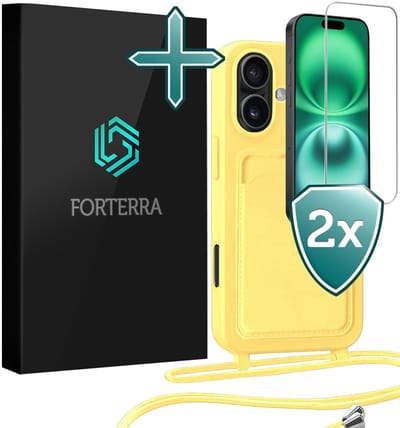 Hoesje Geschikt voor iPhone 16 Plus Pashouder Case Siliconen Hoes Met Koord Met 2x Screenprotector - Hoes Geschikt voor iPhone 16 Plus Met Telefoonkoord Hoesje Back Cover Met Pasjeshouder - Geel
