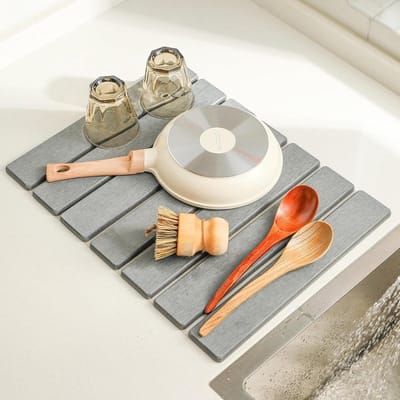 Diatomeeënaarde Afdruipmat - Keuken Droogmat Werkbladmat - Snelle Droging Servies - Sterke Waterabsorptie - 60 x 40 cm - Lichtgrijs