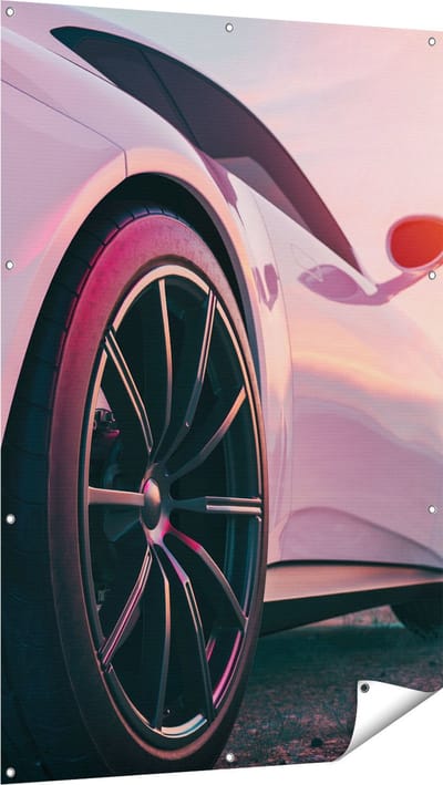 Gards Tuinposter Witte Sportwagen Auto - 100x150 cm - Tuindoek - Tuindecoratie - Wanddecoratie buiten - Tuinschilderij