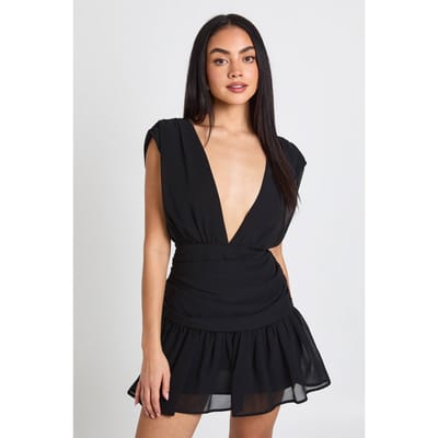 boohoo Dames Chiffon Mini Jurk met Gerimpelde Details en Diepe V-hals | Zwart | Maat: 40