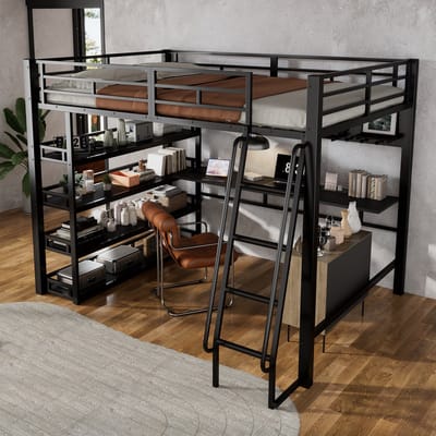 Wishdor Hoogslaper 140x200 cm - Opbergplanken, oplaadpunt & schuine ladder - Metaal en hout - Zwart - Industriële studio-oplossing voor slapen en werken