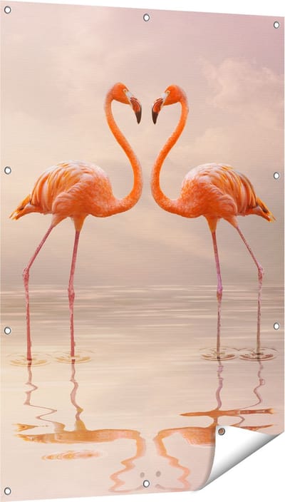 Gards Tuinposter Twee Flamingo's in een Hartjes Vorm - 80x120 cm - Tuindoek - Tuindecoratie - Wanddecoratie buiten - Tuinschilderij