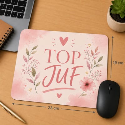 Muismat Top Juf – 23 x 19 cm – Cadeau voor Juf – Juffendag Cadeau – Einde Schooljaar – Roze Bloemen Design