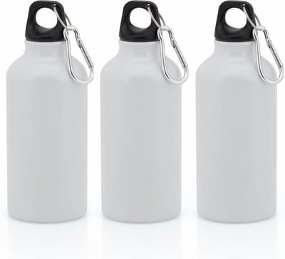 3x Stuks aluminium waterfles/drinkfles wit met schroefdop en karabijnhaak 400 ml - Sportfles - Bidon