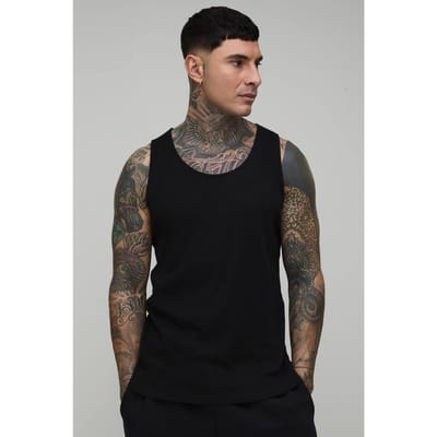 Tall Regular Fit Essential Ribbed Vest | Black | Size 2XL
