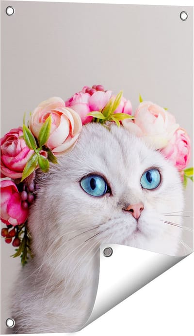 Gards Tuinposter Kat met een Bloemen Kroon - 40x60 cm - Tuindoek - Tuindecoratie - Wanddecoratie buiten - Tuinschilderij