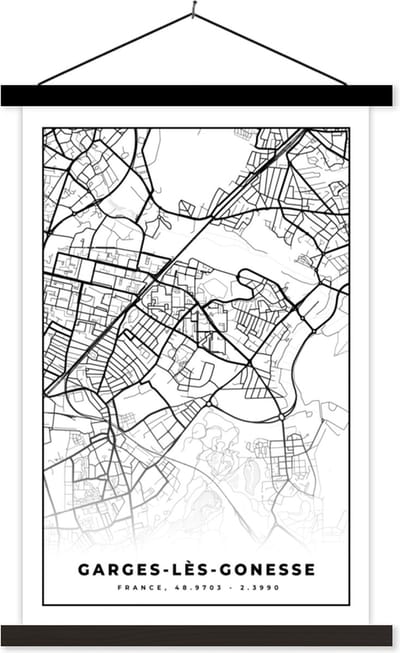 Posterhanger incl. Poster 40x60 cm - Schoolplaat - Stadskaart - Plattegrond - Kaart - Garges-lès-Gonesse - Frankrijk - Zwart wit - Textielposter - Zwarte latten - Stadskaart