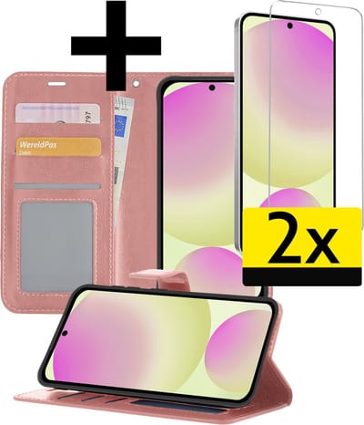 Hoesje - Met 2x Screenprotector - Geschikt voor Samsung Galaxy S24 FE - Luxe Pasjeshouder - Bookcase Portemonee - Flip Case - Kunstleer Book Case - Flipcase Hoes - Book Cover - Walletcase - Portemonneehoes - Telefoonhoesjes - Rosé goud