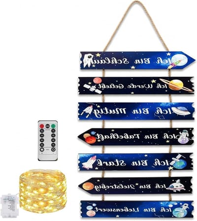 Deurbordje kinderkamer met astronaut ruimtemotief, houten wanddecoratie, LED-lichtsnoer, inspirerende spreuken en ruimte thema voor jongens, 29 x 4 cm