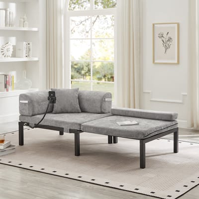 MODFU Slaapbank - Opvouwbaar Uitschuifbed - Ruimtebesparend - Modern - Massief Houten Frame - Fluweel - Lichtgrijs