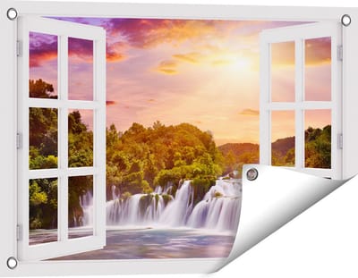 Gards Tuinposter Doorkijk Watervallen in het Bos - 60x40 cm - Tuindoek - Tuindecoratie - Wanddecoratie buiten - Tuinschilderij