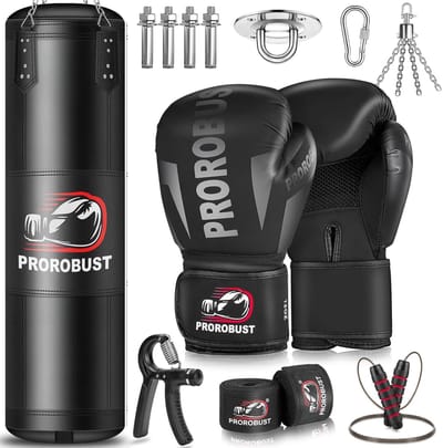 Thijox - Bokszak voor volwassenen, Oxford zware bokszakset met 12 oz handschoenen voor MMA kickboksen karate thuis gym training (niet gevuld) zwart 12