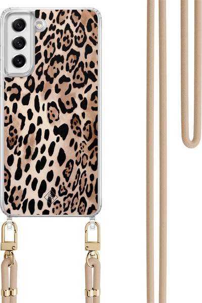 Casimoda® hoesje met koord - Geschikt voor Samsung S21 FE - Luipaard print bruin - Afneembaar koord - TPU/polycarbonaat - Bruin/beige