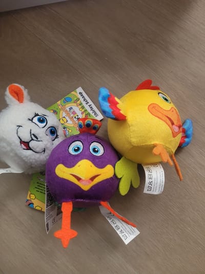 3 Knuffels schaap , pauw en haan