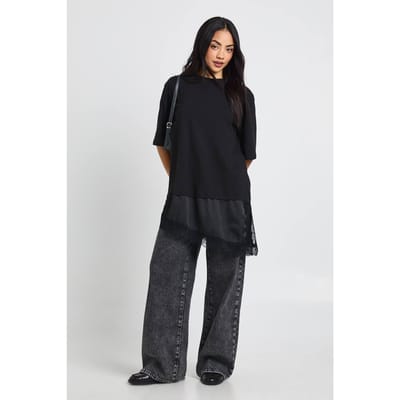 boohoo Dames Contrast Kant Satijn Onderlaag T-Shirt | Black | Maat: 8