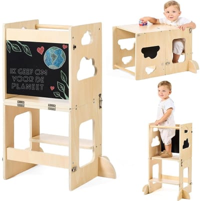 KIRA® Leertoren Opvouwbaar - Montessori Keukentoren voor Kinderen - Leertoren Inklapbaar - Bruin - 30cm x 40cm x 90cm