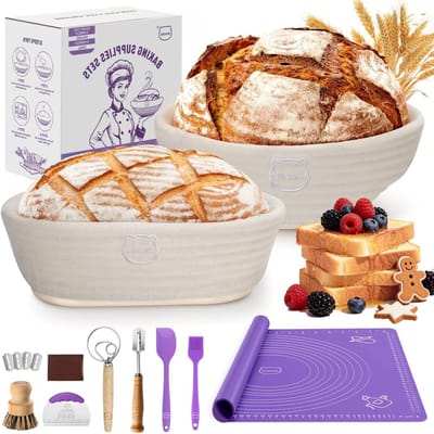 Complete Set voor het Bakken van Desembrood - Deegklopper, Broodlam, Rijsmanden, Deegschrapers en Bakborstel voor Perfect Desembrood