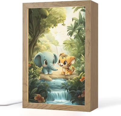 Nachtlampje 20x30 cm - Kinder lampje - Olifant - Tijger - Bos - Jungle - Tafellamp kinderkamer - Slaapkamer lamp - Bedlamp kinderen - Kinderlampje stopcontact - Wandlamp babykamer - Nachtlampjes