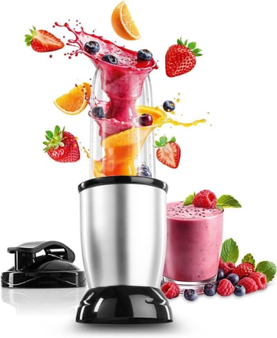 KIRA® Blender To Go - Smoothie Maker - Mixer met Grote 700ml Mengbeker & Meeneemdeksel - Zilver/Zwart - ‎23cm x 18cm x 18cm