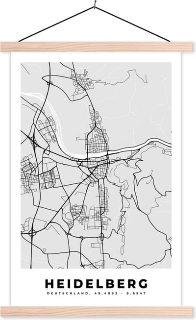 Posterhanger incl. Poster 40x60 cm - Schoolplaat - Stadskaart - Heidelberg - Kaart - Duitsland - Plattegrond - Textielposter - Blanke latten - Stadskaart