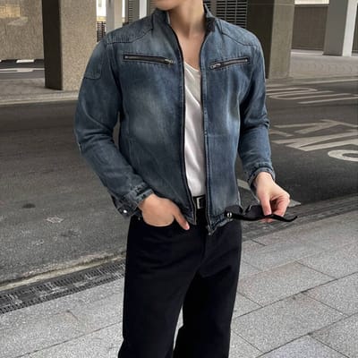 Retro Gewassen Korte Jas Heren Herfst Losse Opstaande Kraag Top Koreaanse Stijl Trendy Knappe Denim Jas XL