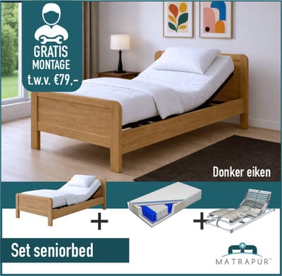 Seniorenbed Compleet elektrische set 90x200 cm eiken kleur + 42-lats Elektrisch Verstelbaar + Diva De Luxe 7 zone pocketveermatras