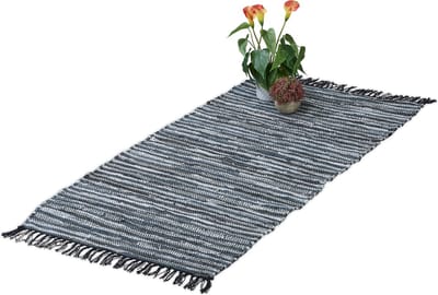 vloerkleed leer en katoen - 70 x 140 cm - met franjes - antislip - laagpolig - grijs