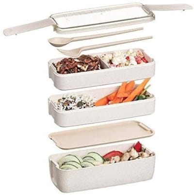 Famanu – Lagen broodtrommel 900 ml met 3 vakken en inbegrepen bestek - gelaagde lunchbox voor school of werk - duurzaam en BPA-vrij materiaal - handig en compact voor maaltijden onderweg
