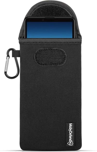 MobyDefend Hoesje - Geschikt voor Sony Xperia 10 III - Neopreen Pouch Met Karabijnhaak - Insteek - Riemlus - Zwart