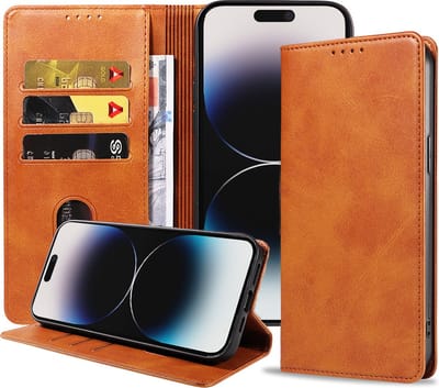 Smartphonica iPhone 14 Pro Max kunstleren hoesje met magnetische sluiting en pashouders book case - Bruin geschikt voor iPhone 14 Pro Max