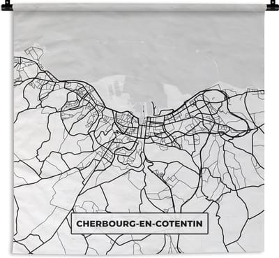 Wandkleed - Wanddoek - Frankrijk - Plattegrond - Cherbourg-en-Cotentin - Stadskaart - Kaart - Zwart wit - 180x180 cm - Wandtapijt