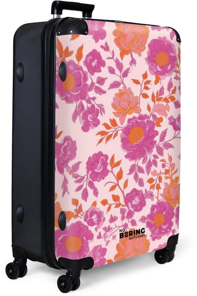 NoBoringSuitcases.com® - Koffer groot - Reiskoffer lichtgewicht - Paarse bloemen met roze achtergrond - Rolkoffer met 4 wielen - Grote trolley XL - 98 liter bagage