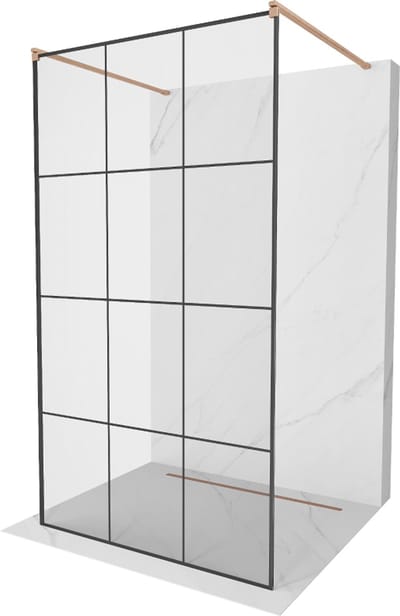 Mexen Kioto vrijstaande douchewand 100 x 200 , zwart raster 8 mm, geborsteld koper - 800-100-002-65-77