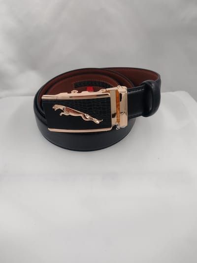 RR15-RB20.21*115 : Zakelijke Leren riem zwart, L115cm, H38mm, D4mm met goudkleurige automatische buckle Poema