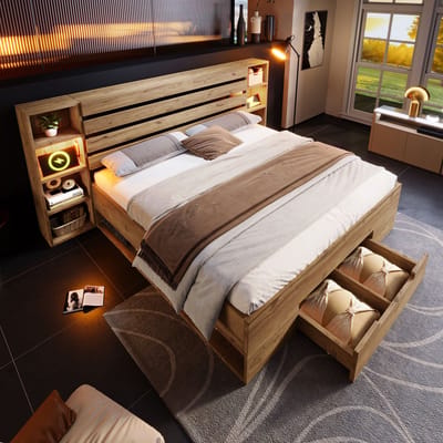 MODFU Bedframe 160x200 cm – Metaal en hout – Met LED, USB-C, opbergruimte & hoofdbord – Eikenkleur