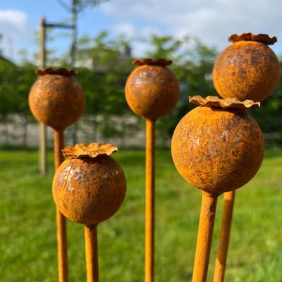 Diron tuinstaal - Set van 5 tuinstekers papaver - tuindecoratie - bloem - metaal roest patina - 95 cm lang.