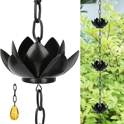 Regenketting - Regenwateropvangketting - 1,2 m - Lotus regenketting - Verstelbaar - Lotus - Geschikt als decoratie voor buiten op het terras - Voor waterafvoer en huisdecoratie - Zwart