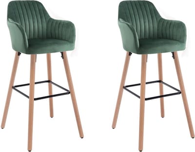 Vente-unique Set van 2 barkrukken in fluweel en metaal met beukenhouteffect - Donkergroen - ELEANA L 47 cm x H 98 cm x D 52 cm
