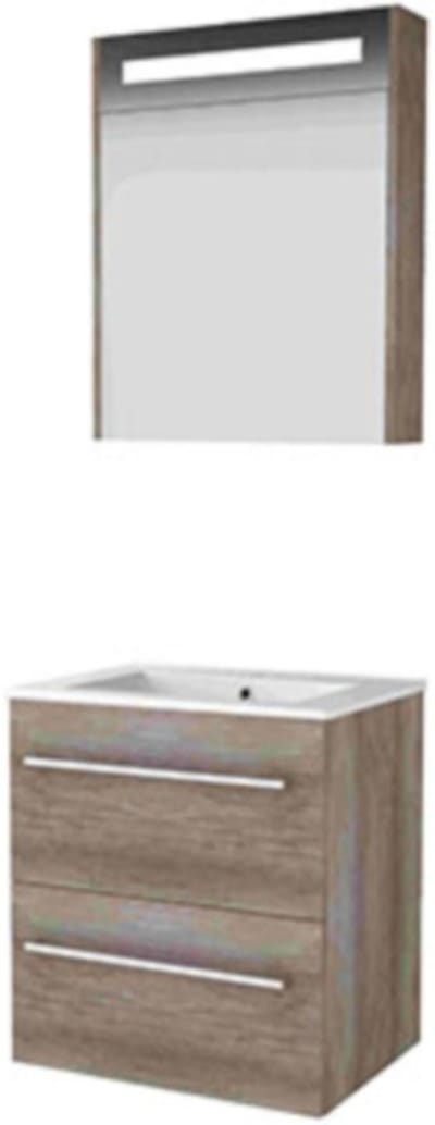 Basic-Line Premium 46 Badkamermeubelset - 60 x 46 cm - Met Grepen - 2 Lades - Keramische Wastafel - 1 Kraangat - Spiegelkast met LED Verlichting - Scotch Oak