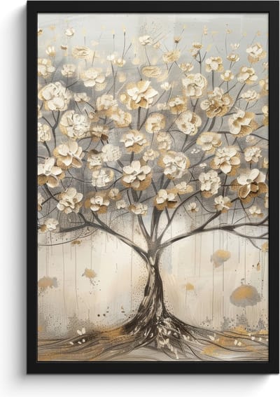 Poster in lijst - Fotolijst 40x60 cm - Posters - Boom - Beige - Goud - Verflook - Grijs - Posterlijst zwart - Decoratie - Wanddecoratie woonkamer - Muurdecoratie slaapkamer