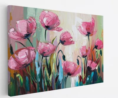 Saammp Canvas Schilderij - Expressieve Roze Bloemen - Natuur - Abstract - 45x30 - Foto op canvas - Wanddecoratie - Muurdecoratie Woonkamer - Kantoor Decoratie