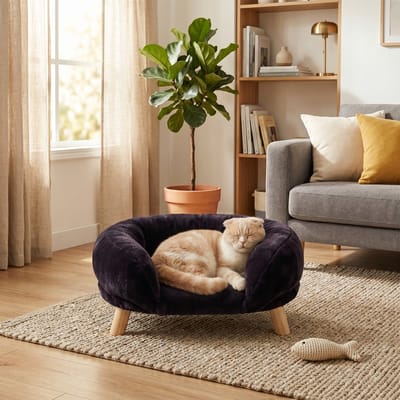 PHOEBE CAT Kattenbed - Kattenbank - Zacht pluche - Houten poten - Donkerbruin