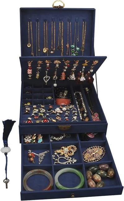 Grote Sieradenorganizer met 3 Lagen - Afsluitbare Opbergdoos voor Oorbellen, Halskettingen en Ringen - Elegante Sieradendoosje (Marineblauw)