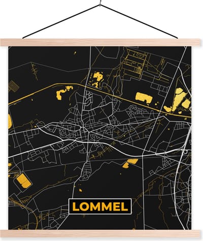 Posterhanger incl. Poster 40x40 cm - Schoolplaat - Lommel - Stadskaart - Goud - Plattegrond - Kaart - Textielposter - Blanke latten - Stadskaart